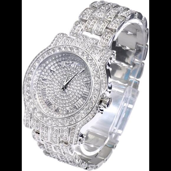 Men's 45mm Iced Diamond Roman Dial Watch - Quartz Movement - Picture 2 of 4